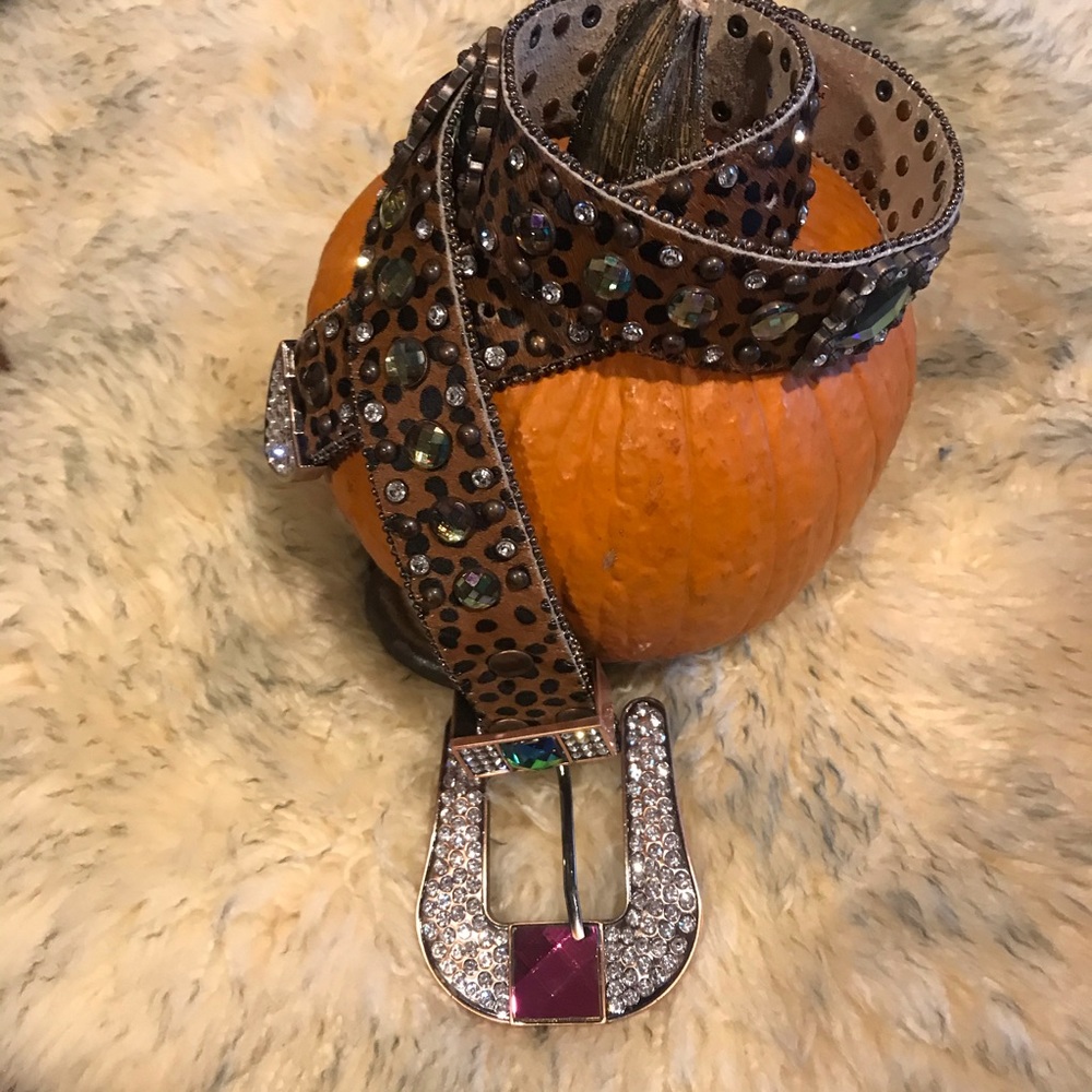 Animal print jeweled leather belt